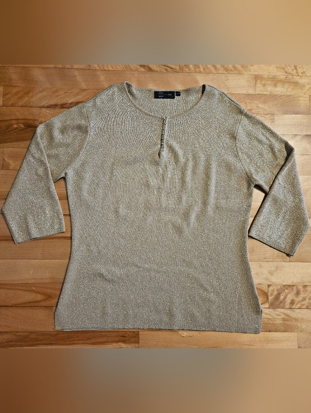 True Gold Shimmering Knit Top 3/4 Sleeves White Gems Detailing Size XL